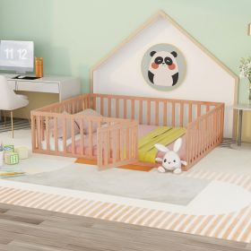 Queen Size Wood Floor Bed Frame with Fence and Door; Natural(OLD SKU:WF289663AAM)