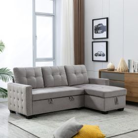 77 Inch Reversible Sectional Storage Sleeper Sofa Bed ; L-Shape 2 Seat Sectional Chaise With Storage ; Skin-Feeling Velvet Fabric ; Light Grey Color F
