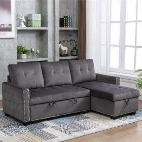 77 Inch Reversible Sectional Storage Sleeper Sofa Bed ; L-Shape 2 Seat Sectional Chaise With Storage ; Skin-Feeling Velvet Fabric ; Dark Grey Color Fo