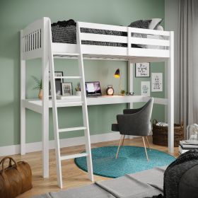 Everest White High Loft Bed with Desk and Storage; Space Saver Full Size Kids Loft Bed with Stairs for Toddlers Assembled in Sturdy Elliotis Pine; No