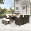 Patio All-Weather PE Wicker Dining Table Set with Wood Tabletop for 10;  Brown Rattan+Beige Cushion (11-Piece)