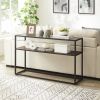48.03" Glass Console Sofa Table; Modern Open Hallway Table; Narrow Entryway Table; 2 Shelves Couch Side Table with Adjustable Feet; Black Metal Revers