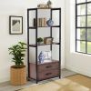 Home Office 4-Tier Bookshelf; Simple Industrial Bookcase Standing Shelf Unit Storage Organizer with 4 Open Storage Shelves and Two Drawers; Brown
