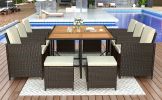Patio All-Weather PE Wicker Dining Table Set with Wood Tabletop for 10;  Brown Rattan+Beige Cushion (11-Piece)