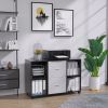 Mobile wood filing cabinet with 2 drawers and 4 open storage cabinets and wheels for home office; black oak light grey