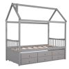 Twin size Wooden House Bed with Trundle and 3 Storage Drawers-Gray