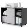 Mobile wood filing cabinet with 2 drawers and 4 open storage cabinets and wheels for home office; black oak light grey