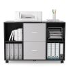 Mobile wood filing cabinet with 2 drawers and 4 open storage cabinets and wheels for home office; black oak light grey