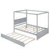 Wood Canopy Bed with Trundle Bed ; Full Size Canopy Platform bed With Support Slats .No Box Spring Needed; Brushed Gray