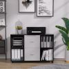 Mobile wood filing cabinet with 2 drawers and 4 open storage cabinets and wheels for home office; black oak light grey