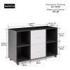 Mobile wood filing cabinet with 2 drawers and 4 open storage cabinets and wheels for home office; black oak light grey