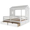Twin Size House Platform Beds with Two Drawers for Boy and Girl Shared Beds; Combination of 2 Side by Side Twin Size Beds; White