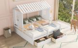Twin Size House Platform Beds with Two Drawers for Boy and Girl Shared Beds; Combination of 2 Side by Side Twin Size Beds; White