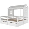 Twin Size House Platform Beds with Two Drawers for Boy and Girl Shared Beds; Combination of 2 Side by Side Twin Size Beds; White