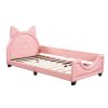 Twin Size Upholstered Daybed with Carton Ears Shaped Headboard; Pink