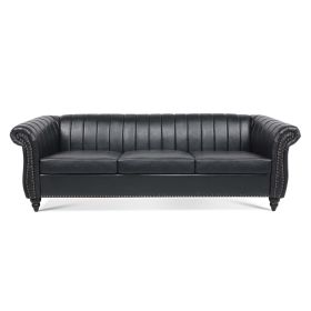 83.46''  PU Rolled Arm Chesterfield Three Seater Sofa. (Color: Black)