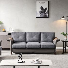 Living Room Furniture Linen Fabric Faux Leather with Wood Leg Sofa (Color: DARK GREY)